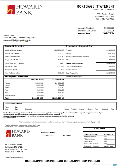 Download USA Howard bank mortgage statement in Word and PDF formats Photoshop template